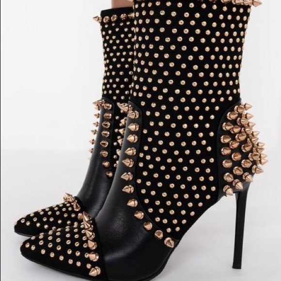 Azalea Wang Black Vegan Leather Embellished Spike Pointed Slouchy Ankle Booties - Picture 6 of 7